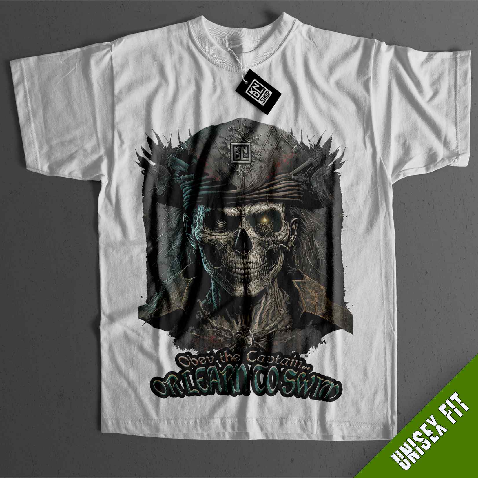 a white t - shirt with a picture of a skeleton wearing a hat