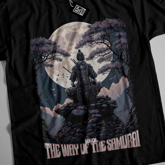 a black t - shirt with a picture of a man standing on a hill