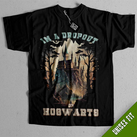 a black t - shirt with an image of a hogwarts castle