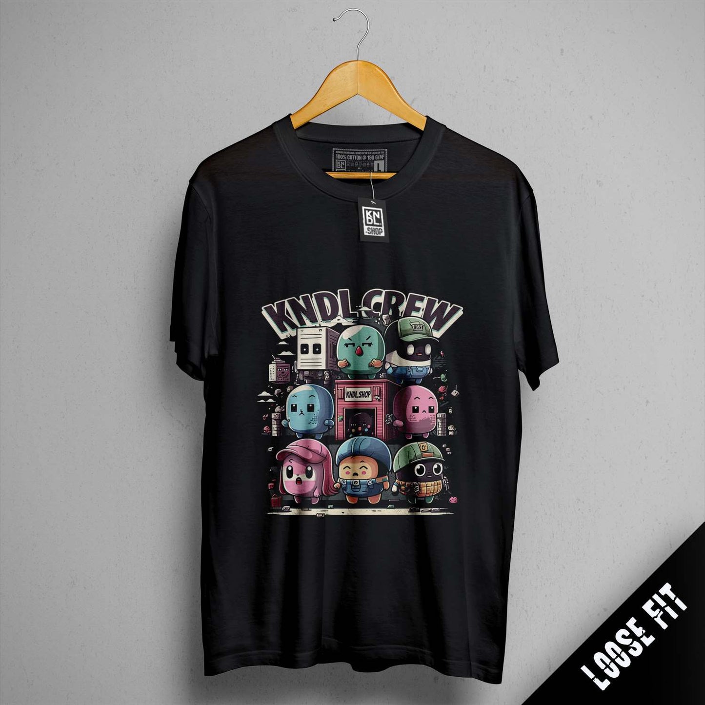 a black t - shirt with a picture of a bunch of cartoon characters on it