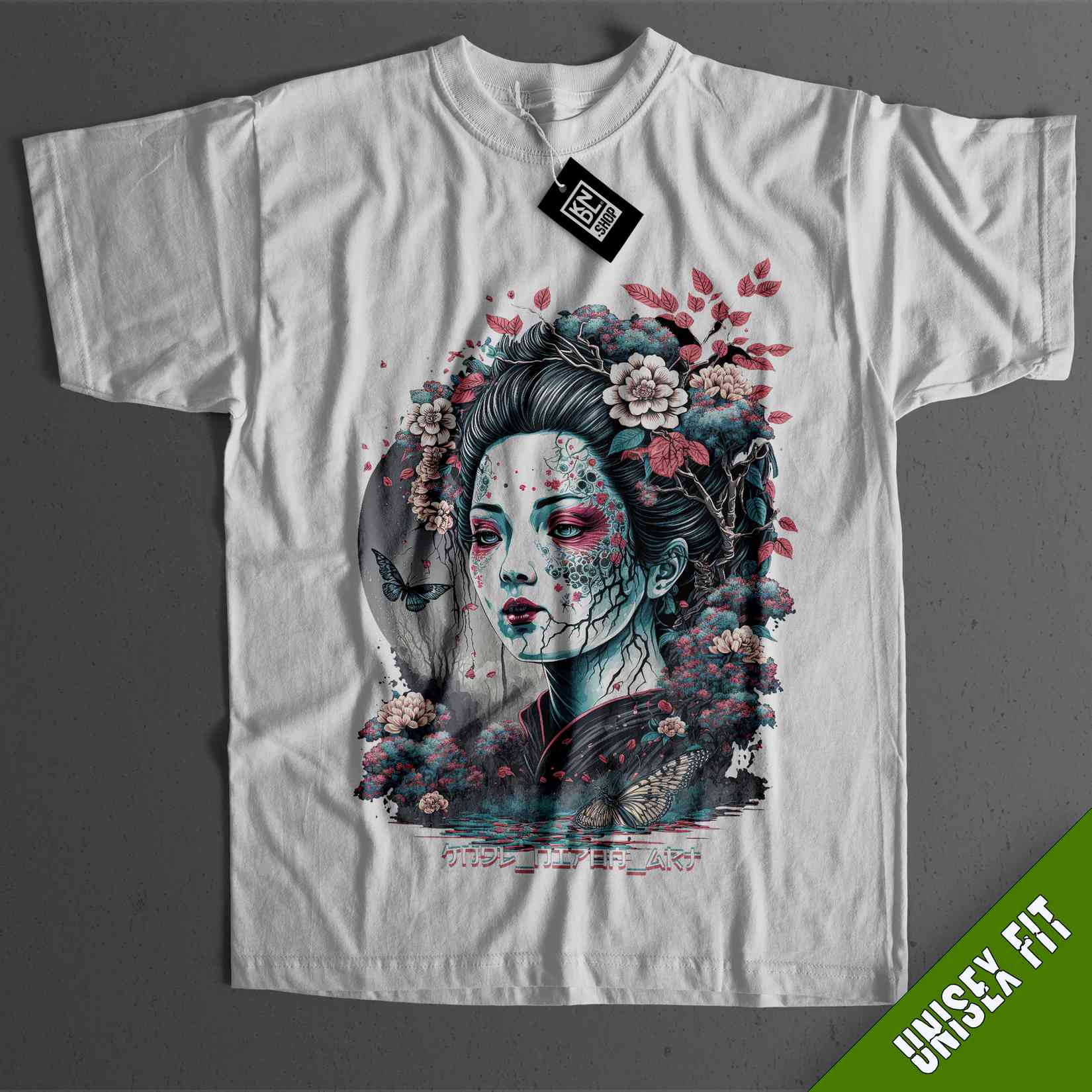 a white t - shirt with a woman's face and flowers on it