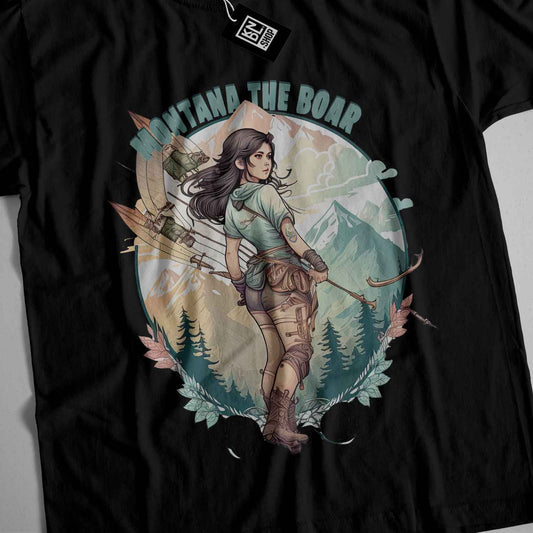 a black t - shirt with a picture of a woman holding a bow and arrow