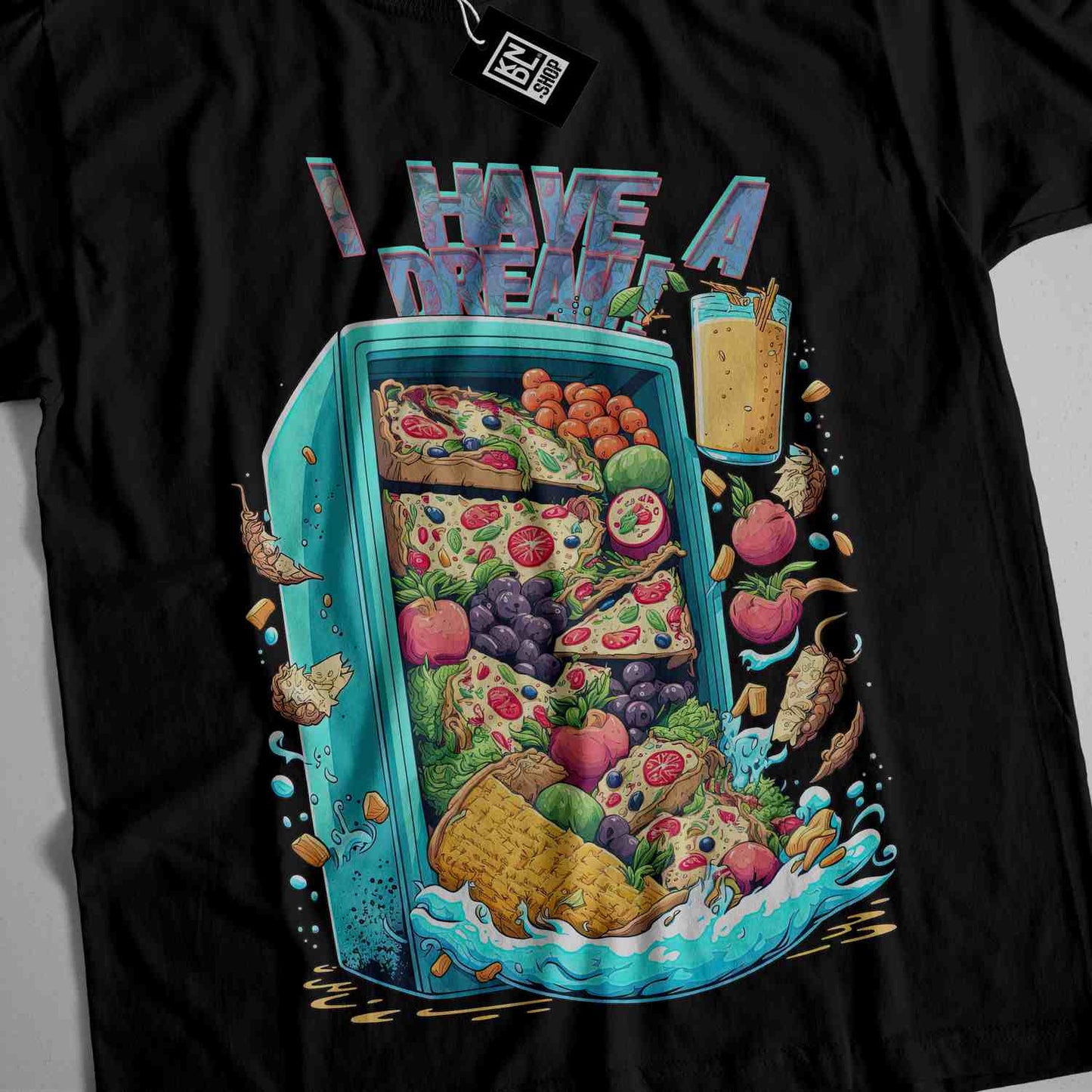 a t - shirt with a picture of a fridge full of food