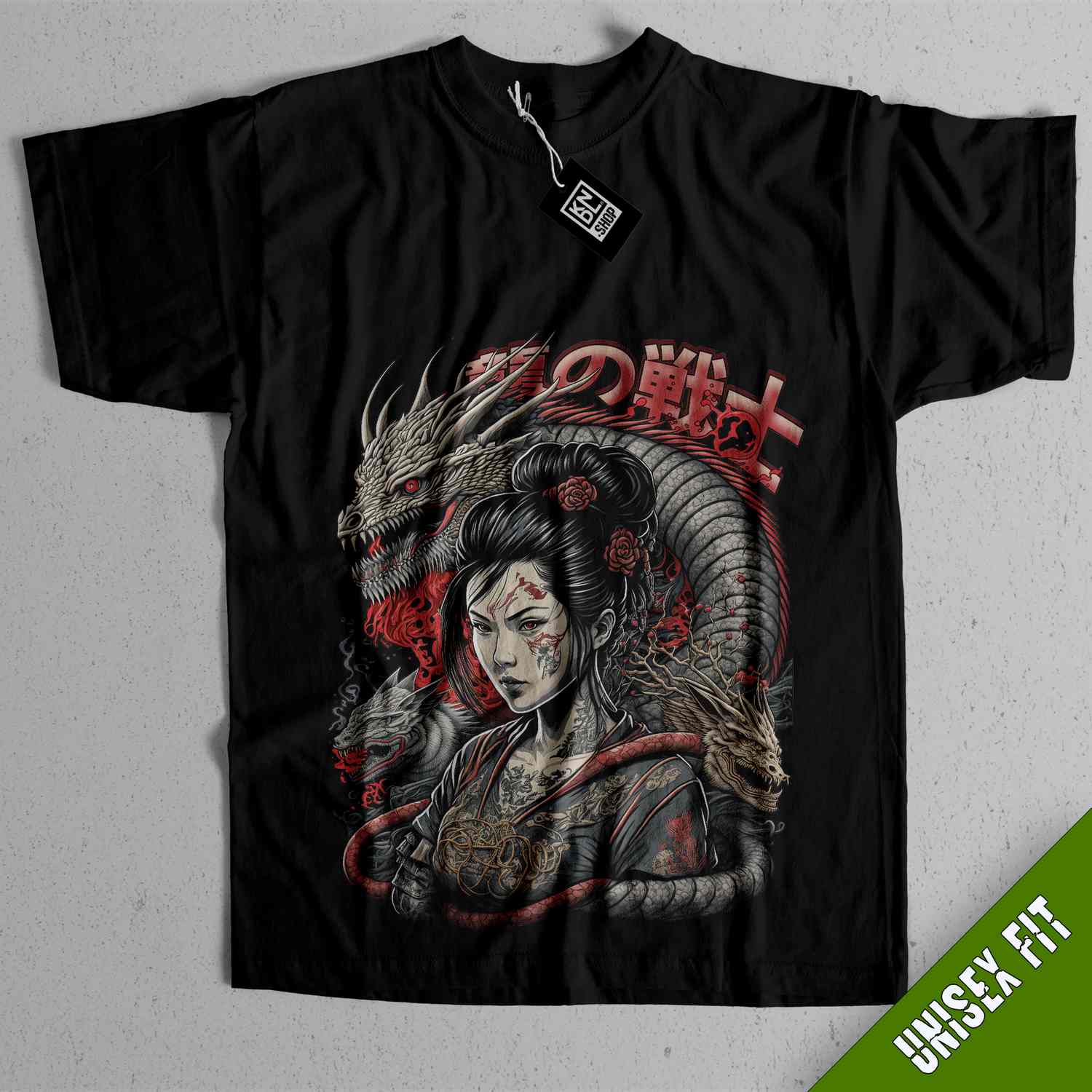 a black t - shirt with an image of a woman and a dragon on it