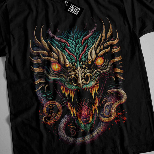a black t - shirt with a dragon design on it