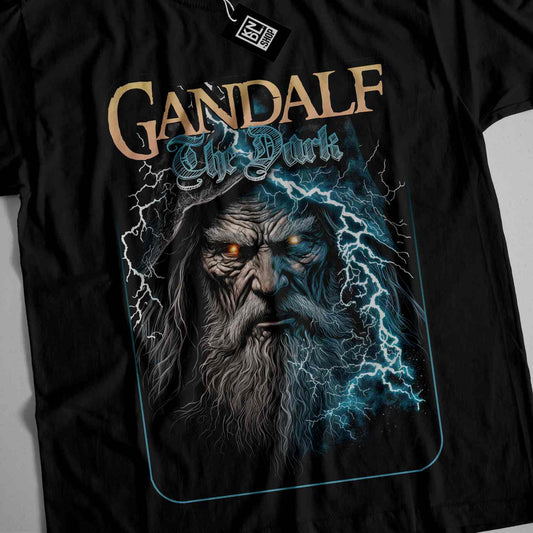 a black t - shirt with an image of a wizard on it