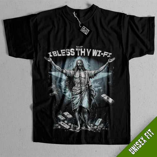 a black t - shirt with a picture of jesus on it