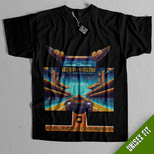 a black t - shirt with an image of a car driving through a futuristic city