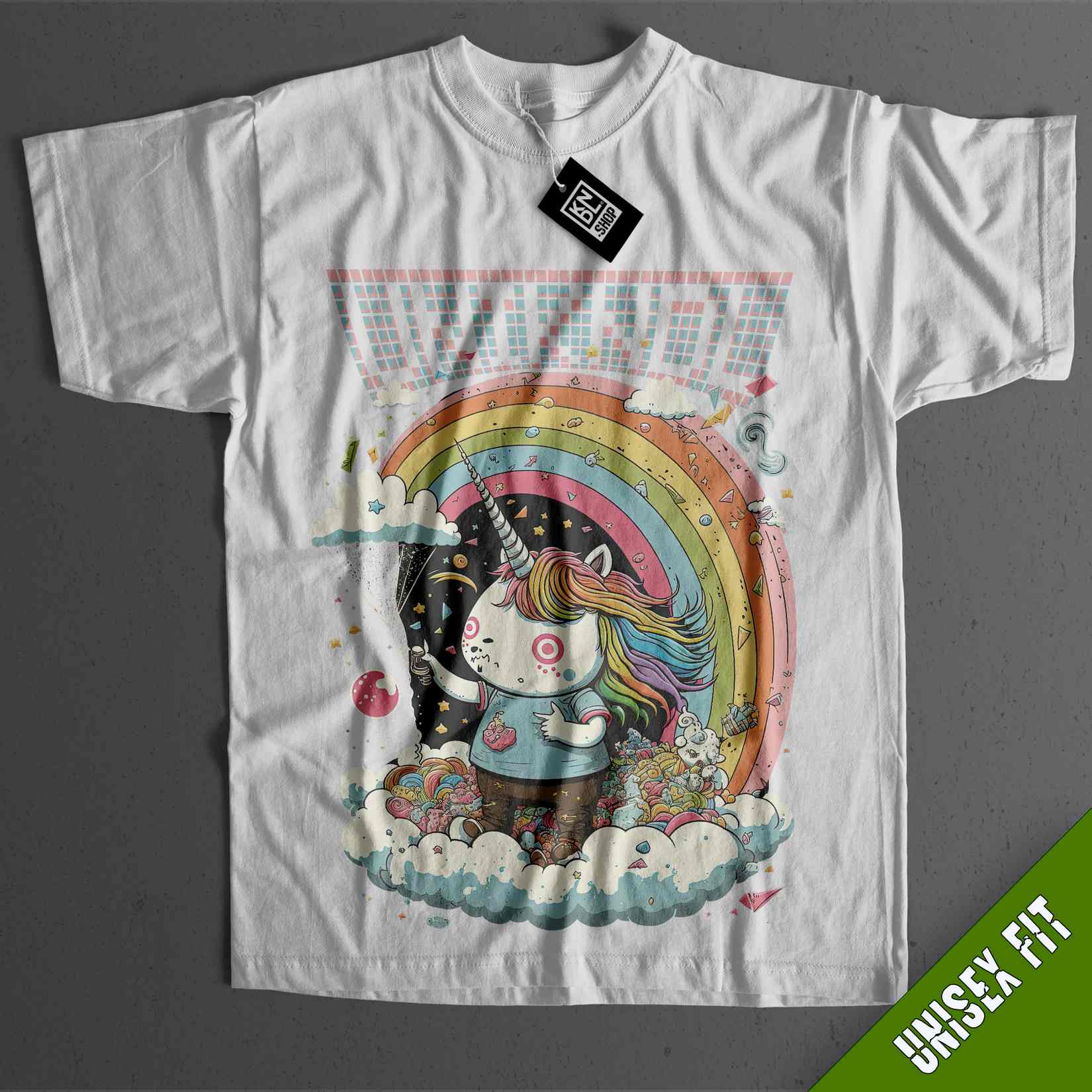 a white t - shirt with a picture of a unicorn and a rainbow