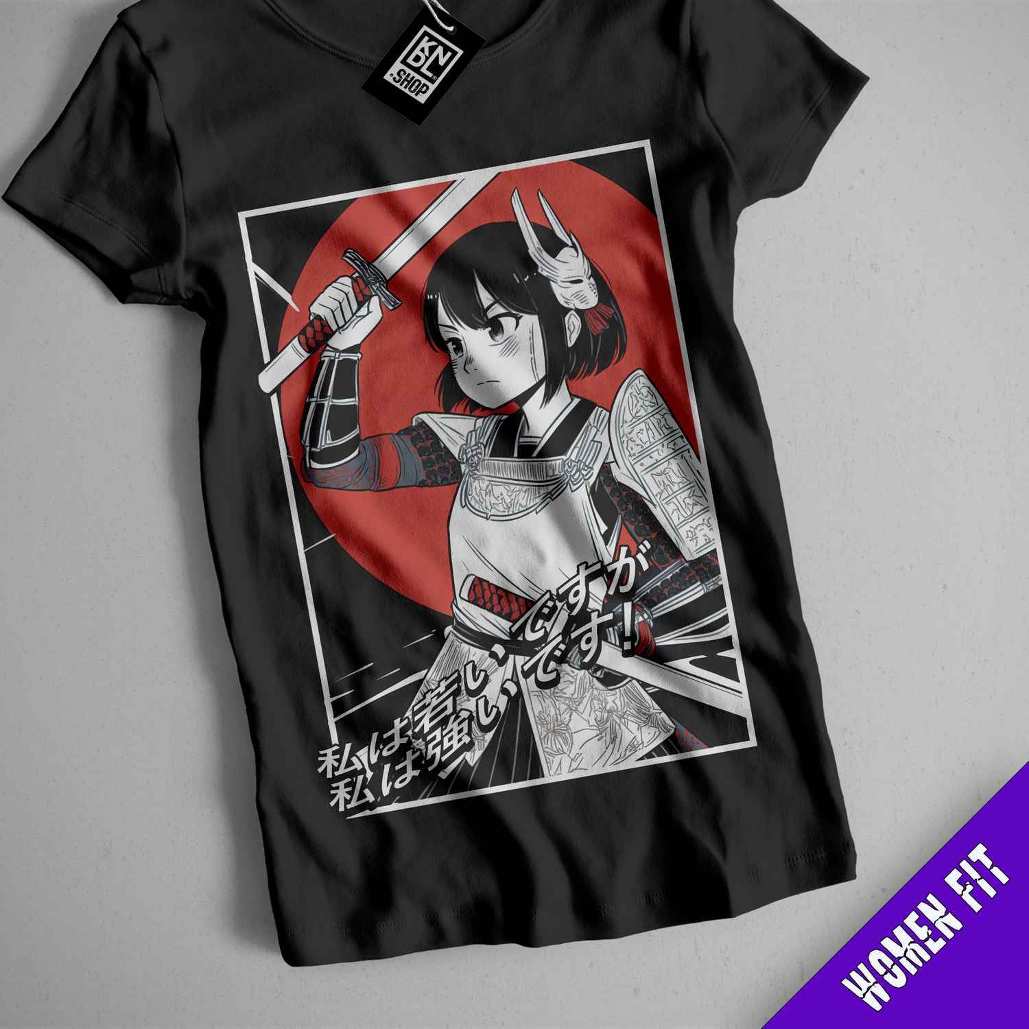 a black shirt with a picture of a woman holding a sword