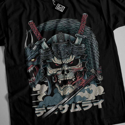 a black t - shirt with a skull and two swords
