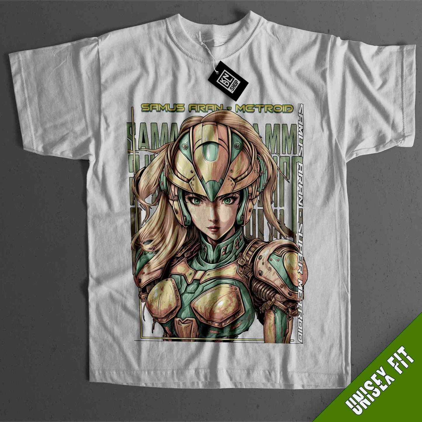 a white t - shirt with a picture of a woman in armor