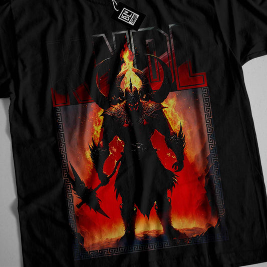 a black shirt with a picture of a demon on it