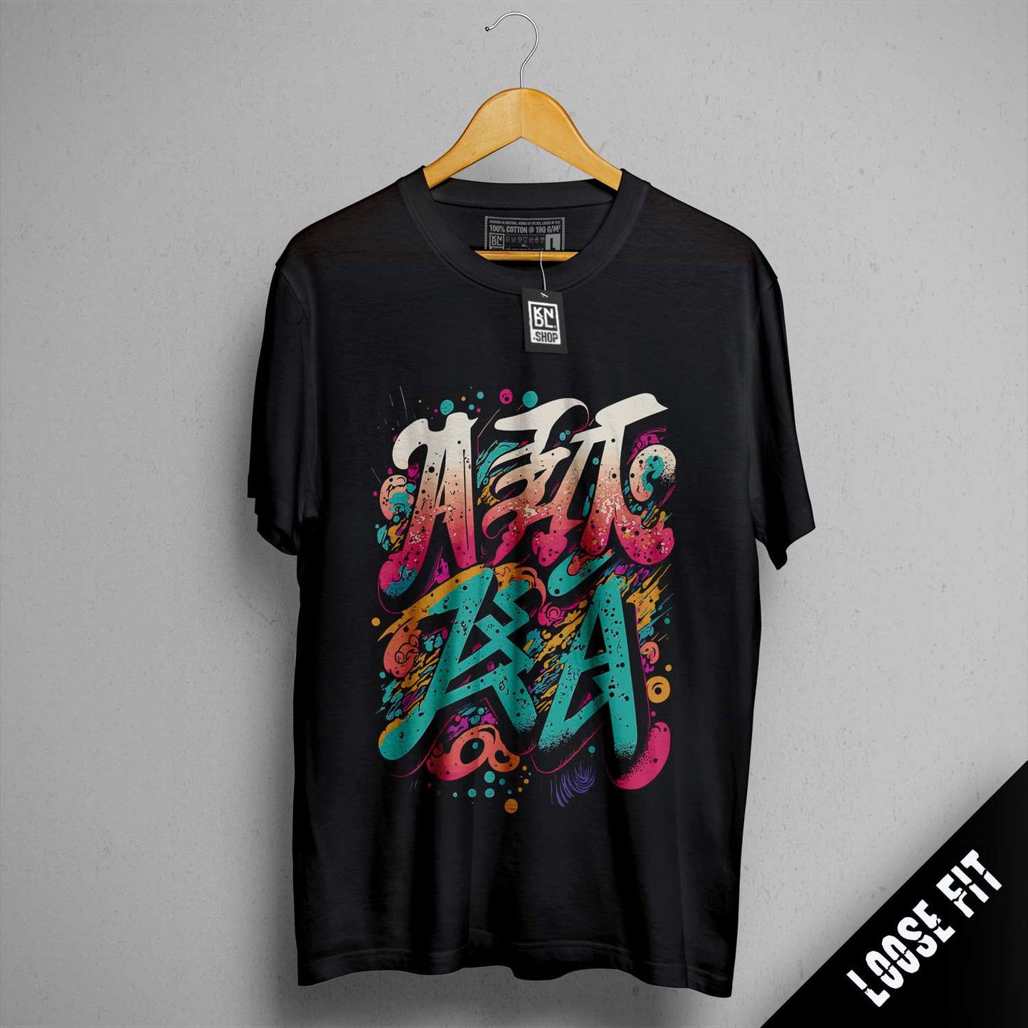 a black t - shirt with a colorful design on it