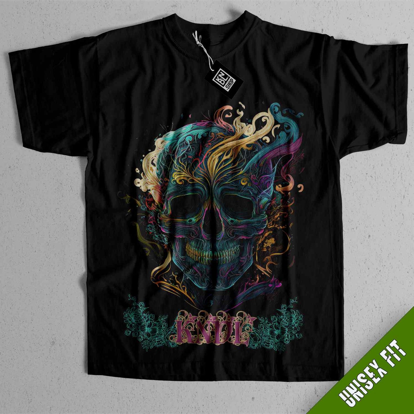 a black t - shirt with a colorful skull on it