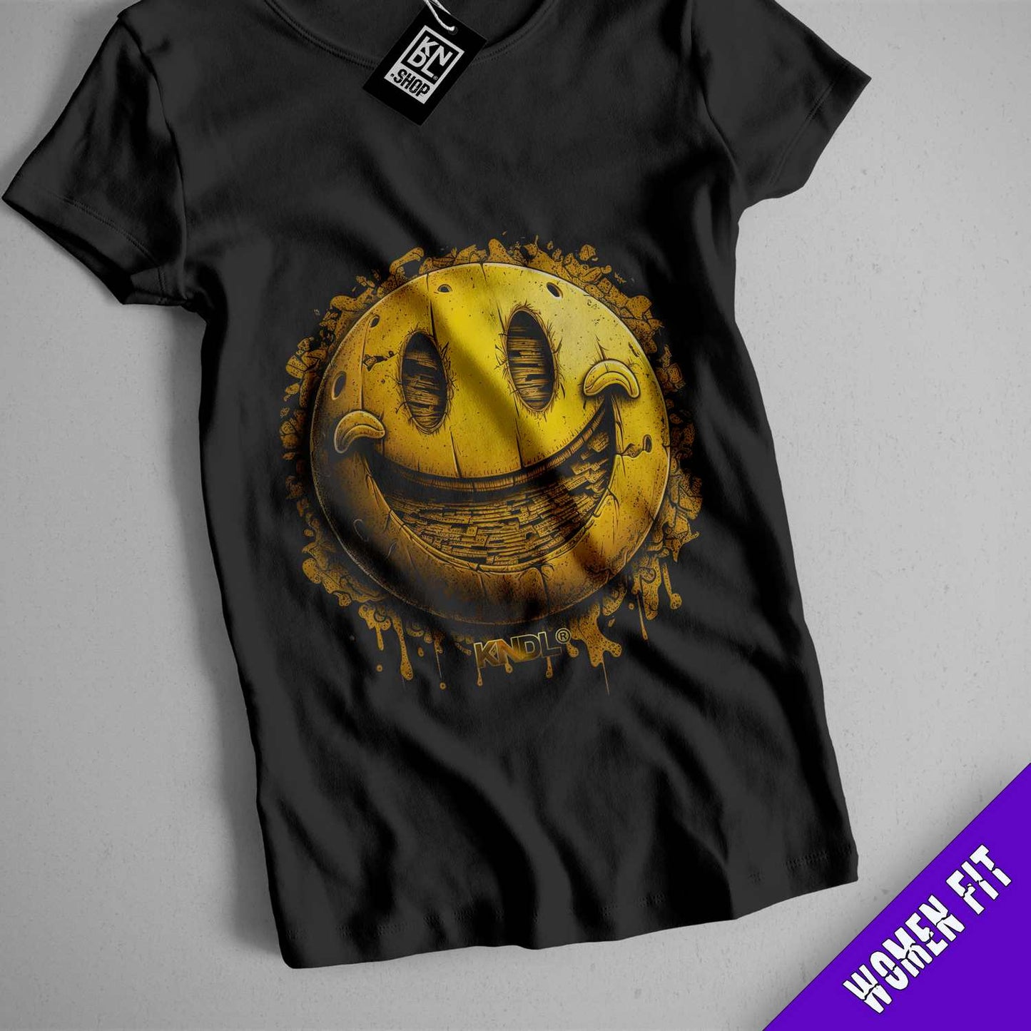 a black shirt with a yellow smiley face on it