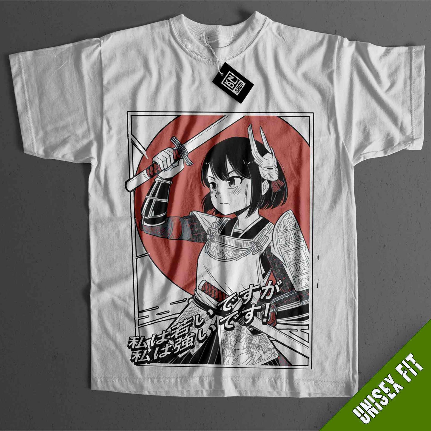 a t - shirt with a picture of a woman holding a sword