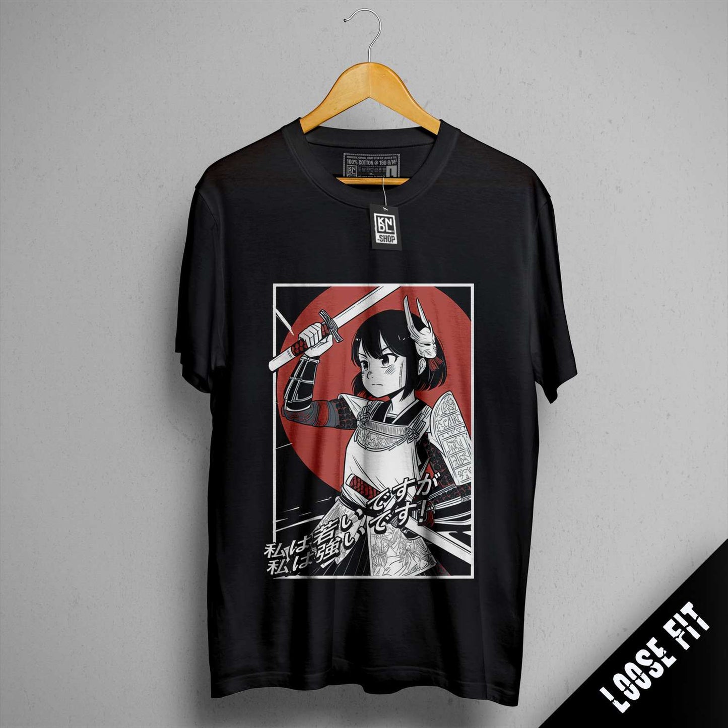 a black shirt with a picture of a woman holding a sword