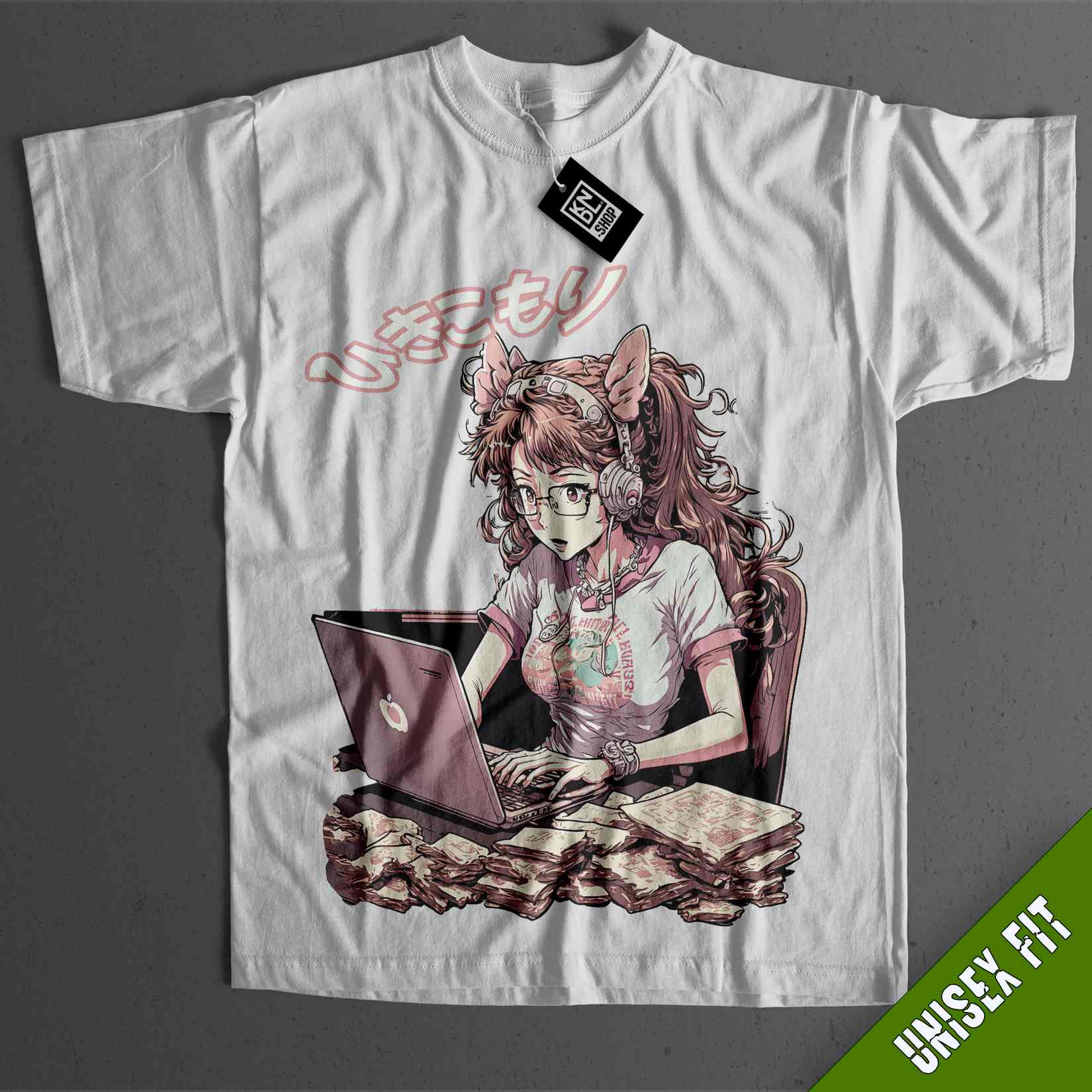 a white t - shirt with a picture of a girl using a laptop