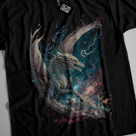 a black t - shirt with a white dragon on it